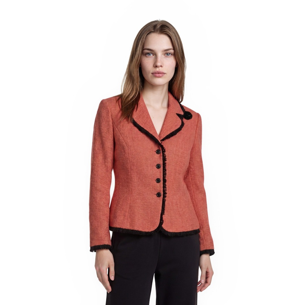 Talbots Blazer Jacket Women's Size 14 Coral Tweed Fringe Black Rosette Beaded